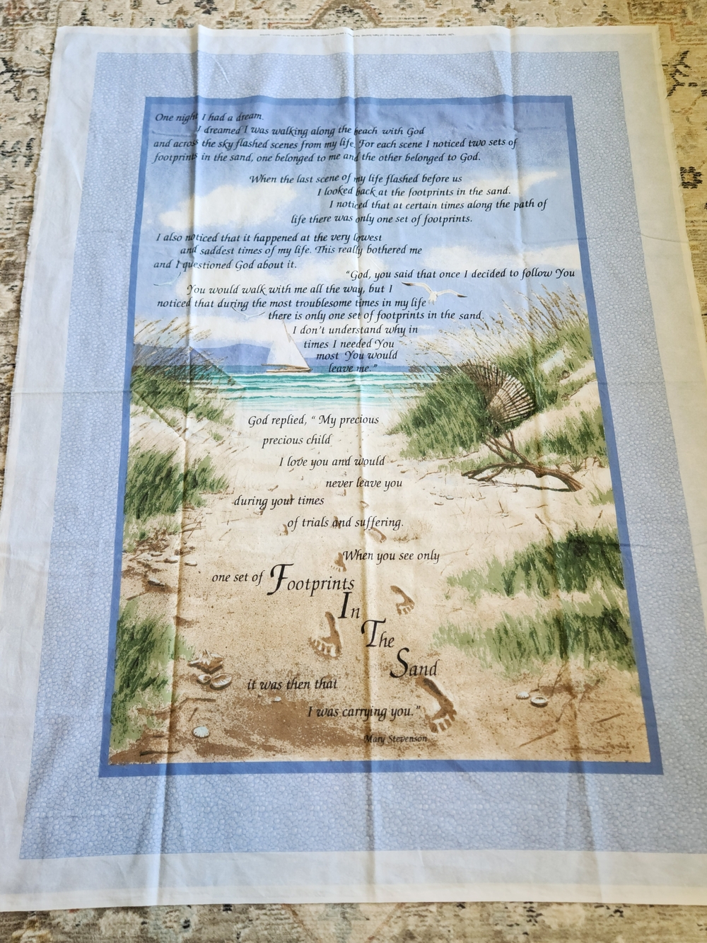 Vintage 1980s Cotton Fabric Panel Footprints in the Sand Text Beach Art Print
